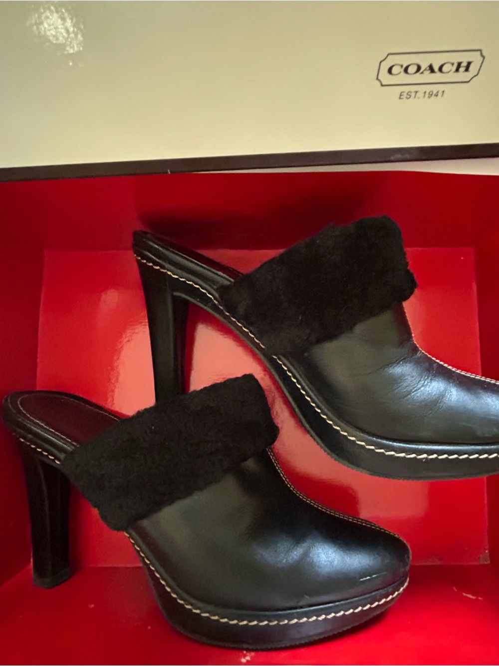COACH Black Leather Shearling-Trim High Heel Mules KACIE CALF/SHEARLING